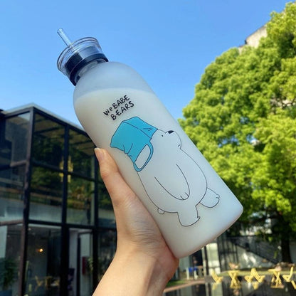 Panda Water Bottle 1000ml | Cute Cartoon Bottle with Straw & Dual Cap – BPA-Free Plastic