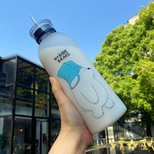 Panda Water Bottle 1000ml | Cute Cartoon Bottle with Straw & Dual Cap – BPA-Free Plastic