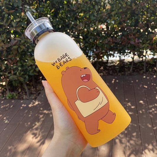 Panda Water Bottle 1000ml | Cute Cartoon Bottle with Straw & Dual Cap – BPA-Free Plastic